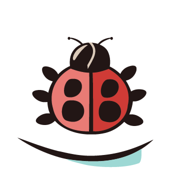 The logo for a bug & a bean is a lady bug with a coffee bean head.